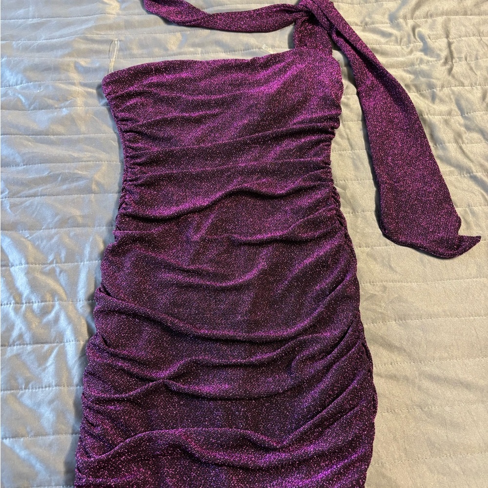 Privy Sparkling Dress in Deep Purple. Sleeveless halter neck
